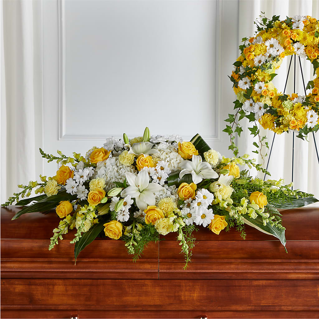 Golden Harmony Casket Spray – FLORAL & SILKS, Webster NY