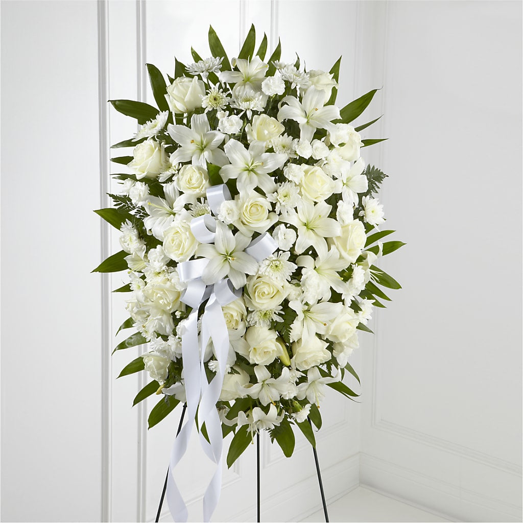 Exquisite Tribute Standing Spray-White Ribbon – FLORAL & SILKS, Webster NY