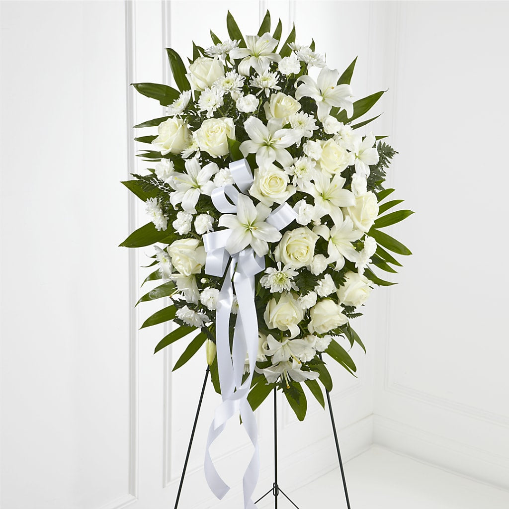 Exquisite Tribute Standing Spray-White Ribbon – FLORAL & SILKS, Webster NY
